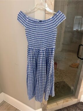J. Crew Blue and White Gingham Off-Shoulder Girls Dress